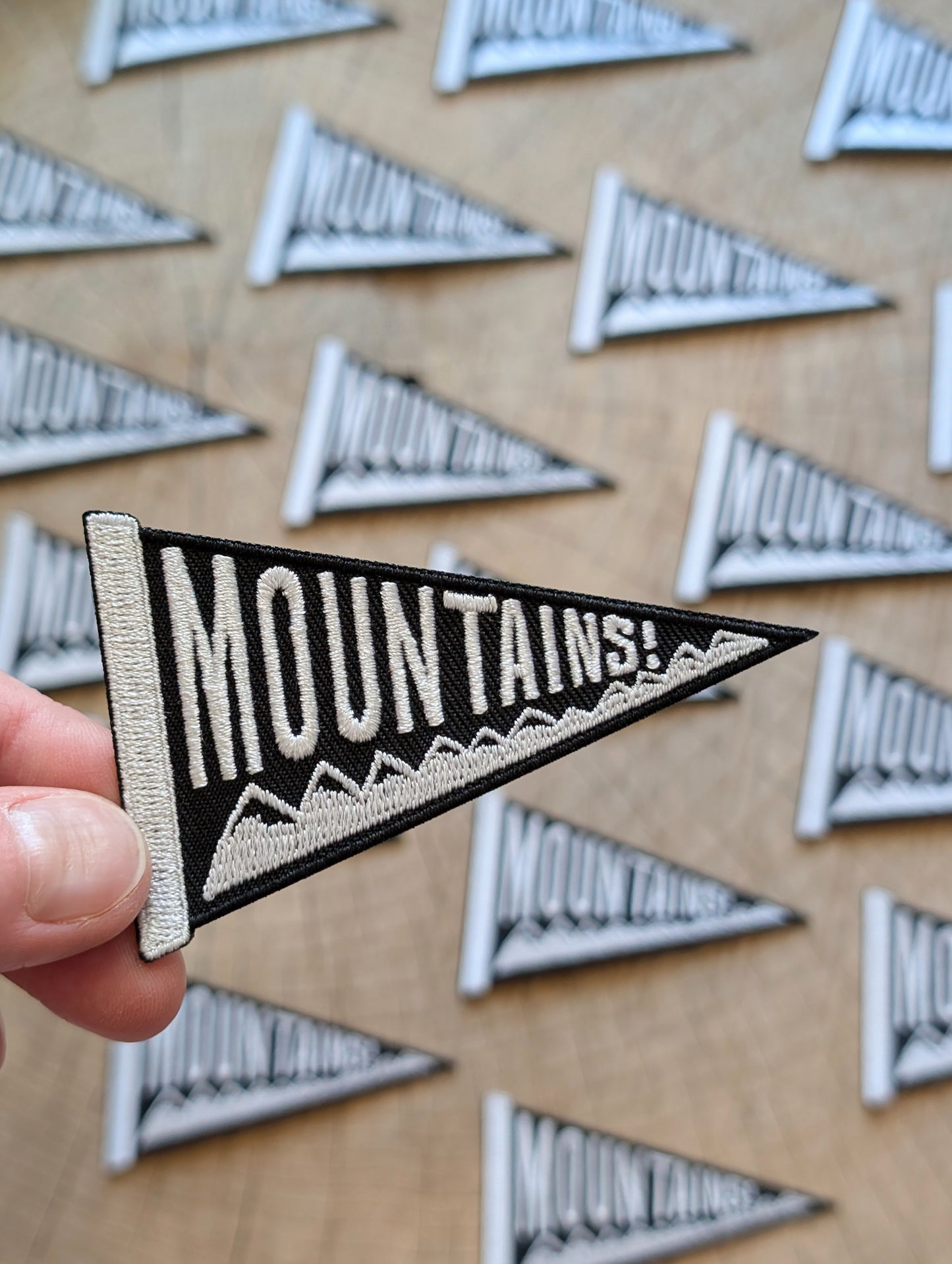 iron-on patch | mountains pennant - black & white 3.4" x 2"