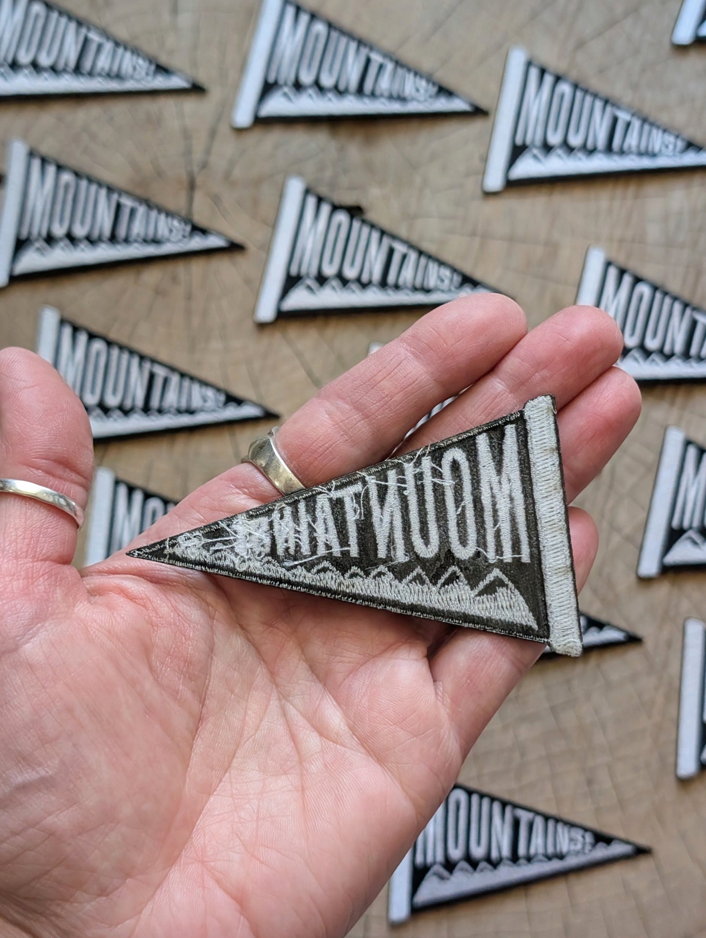 iron-on patch | mountains pennant - black & white 3.4" x 2"