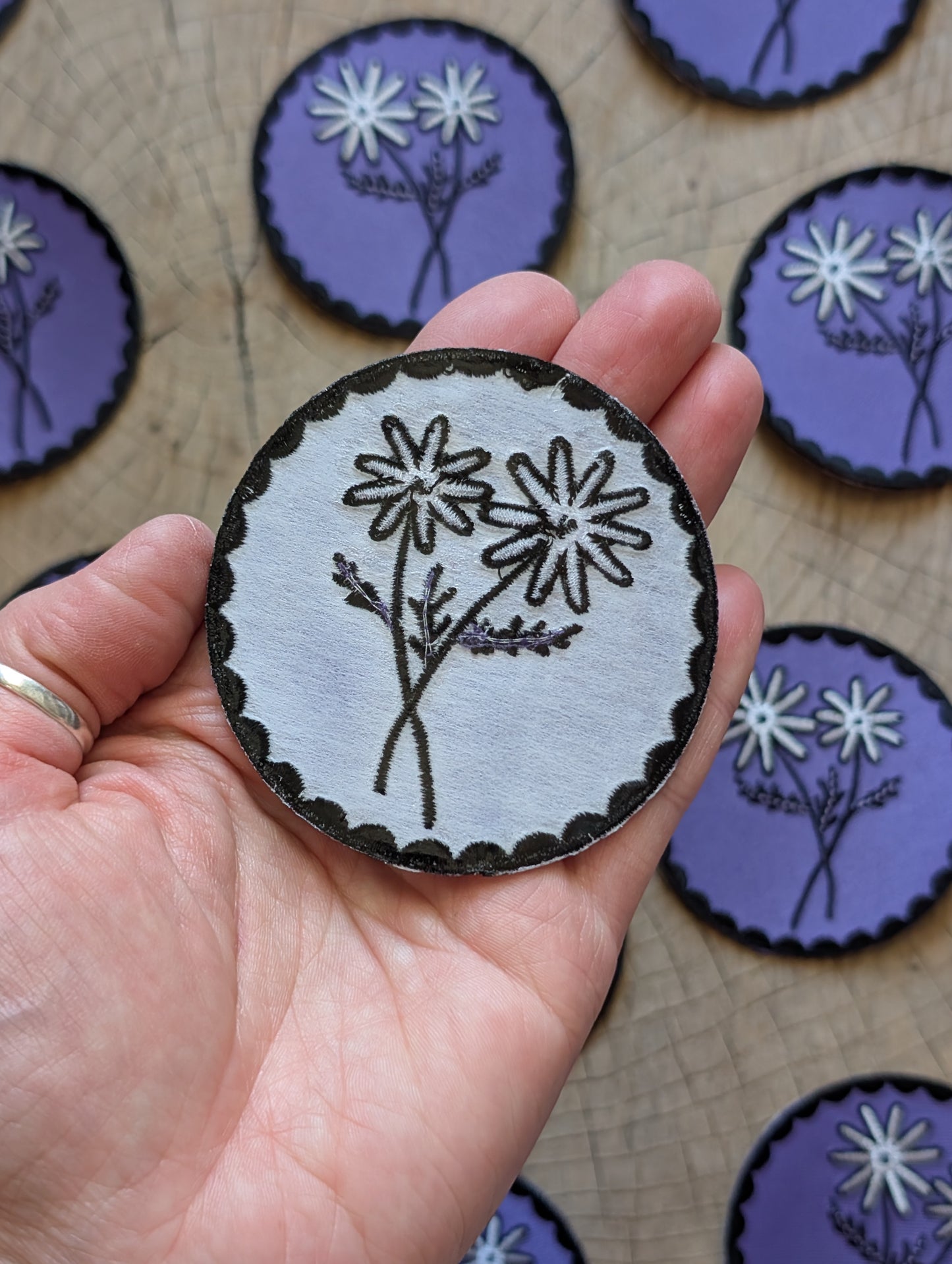 iron-on patch | purple daisy flower - 2.75" round