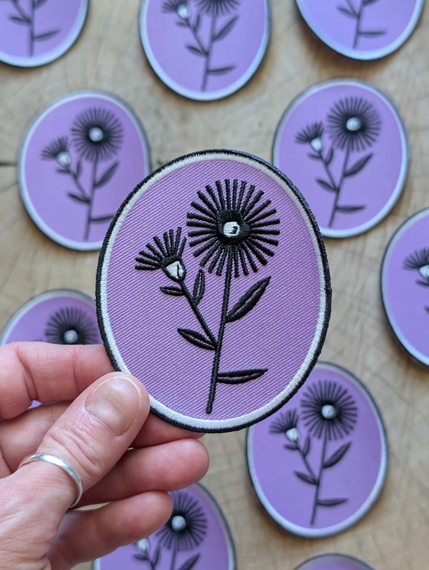 iron-on patch | aster flower - purple oval 2.75" x 3.3"