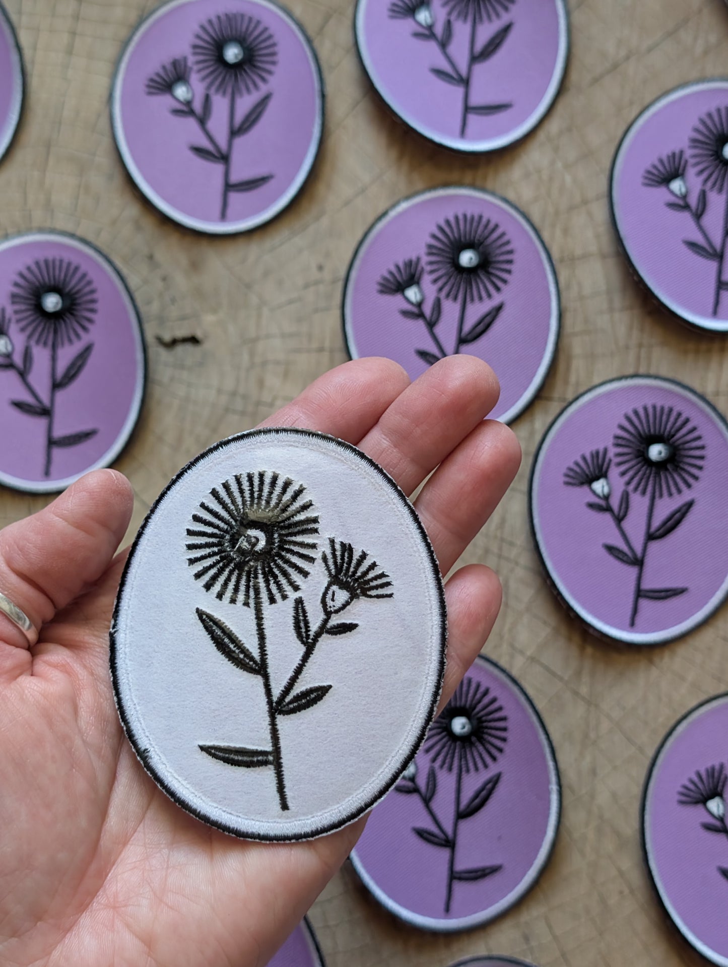 iron-on patch | aster flower - purple oval 2.75" x 3.3"