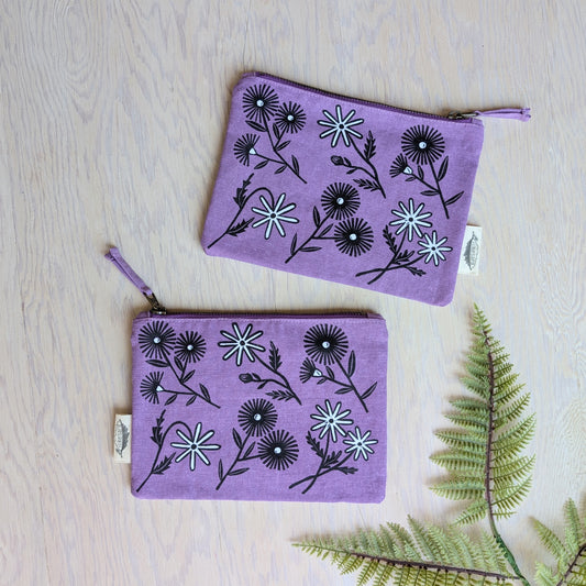 zippered pouch | bloom - purple floral pencil, supply, makeup bag with waterproof lining