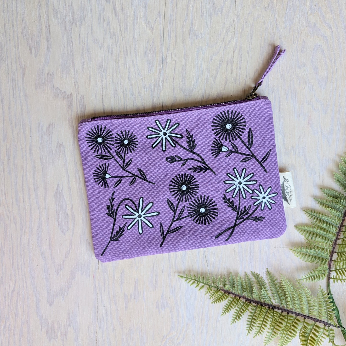zippered pouch | bloom - purple floral pencil, supply, makeup bag with waterproof lining