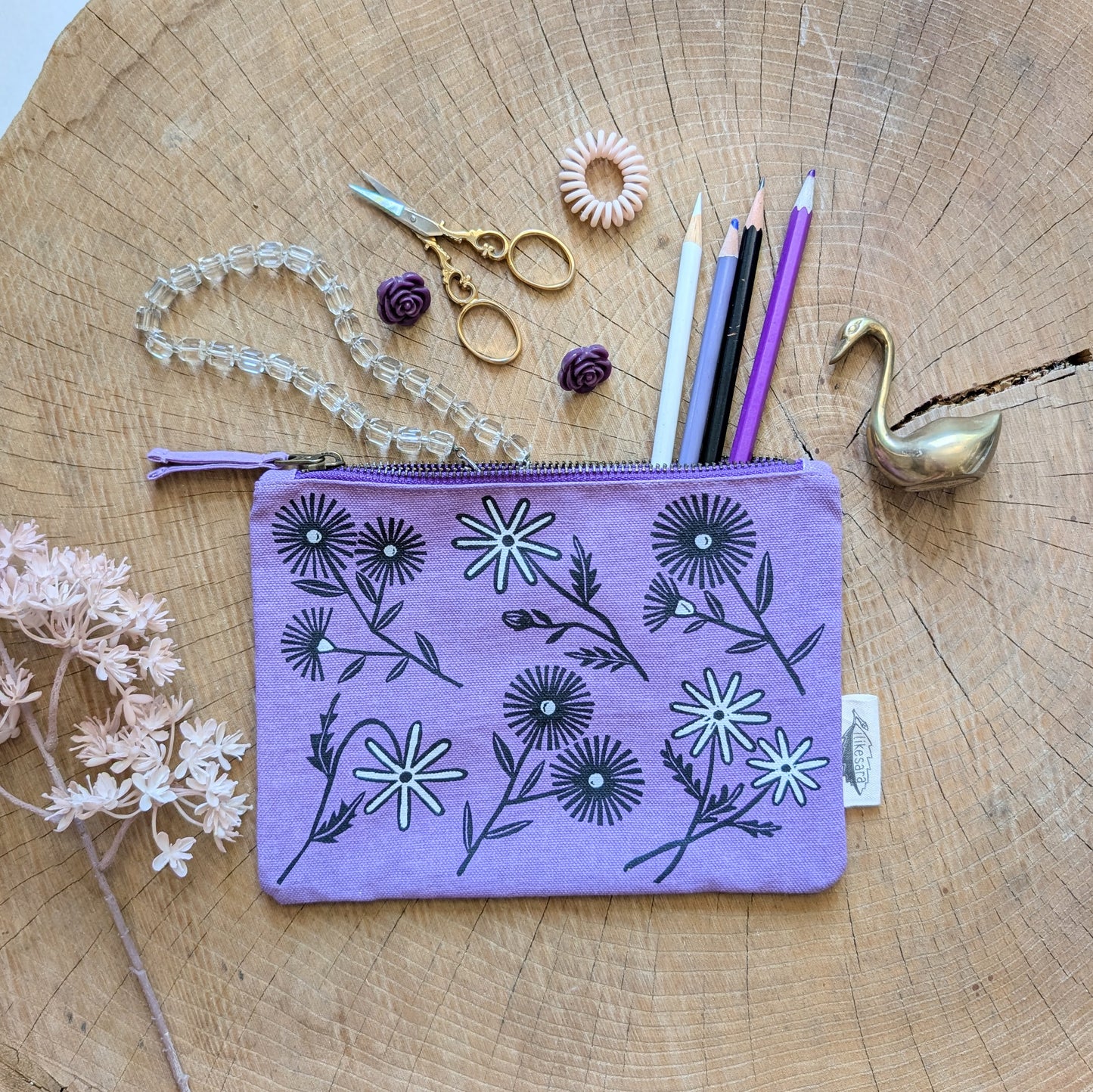 zippered pouch | bloom - purple floral pencil, supply, makeup bag with waterproof lining
