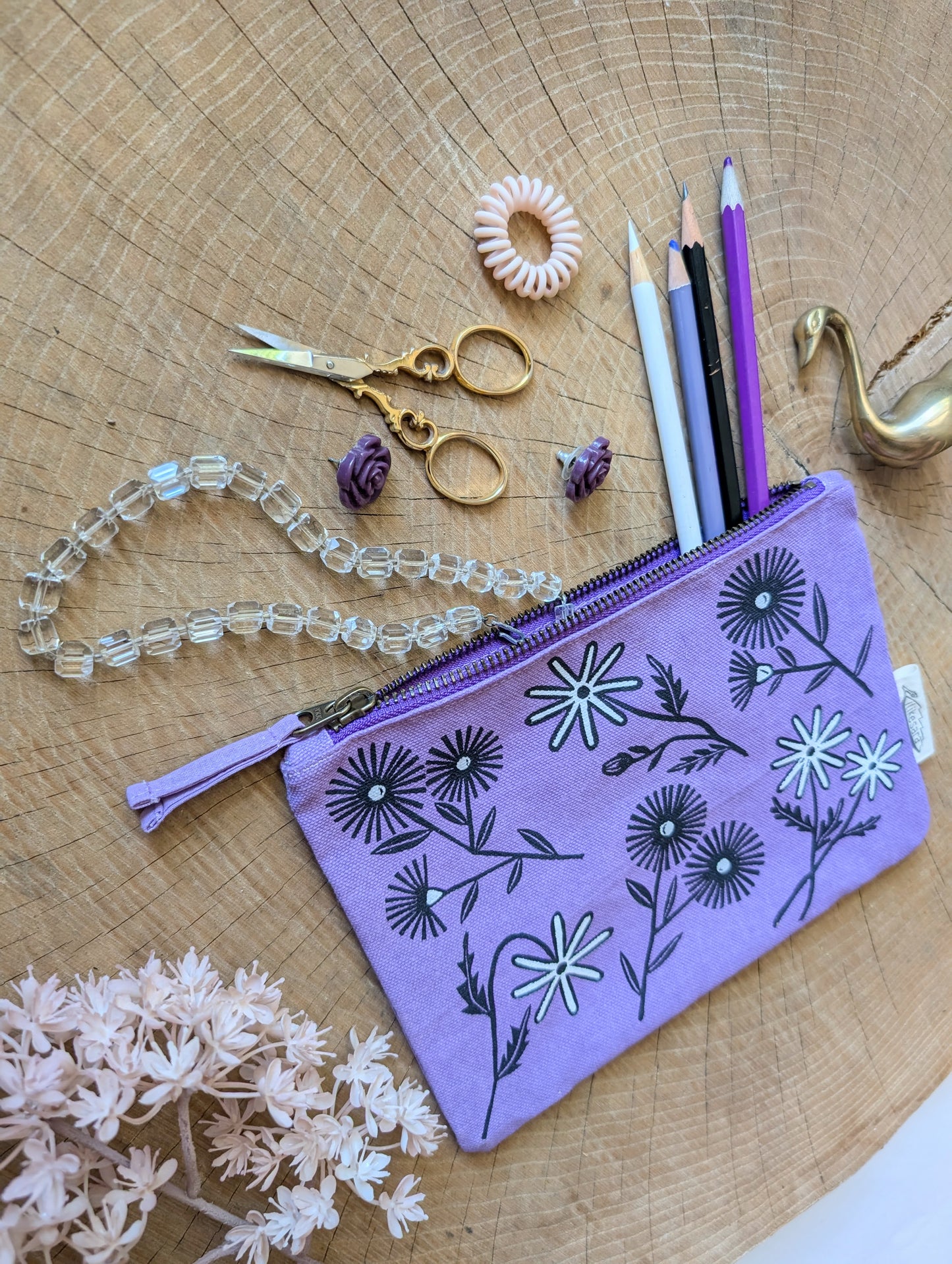 zippered pouch | bloom - purple floral pencil, supply, makeup bag with waterproof lining