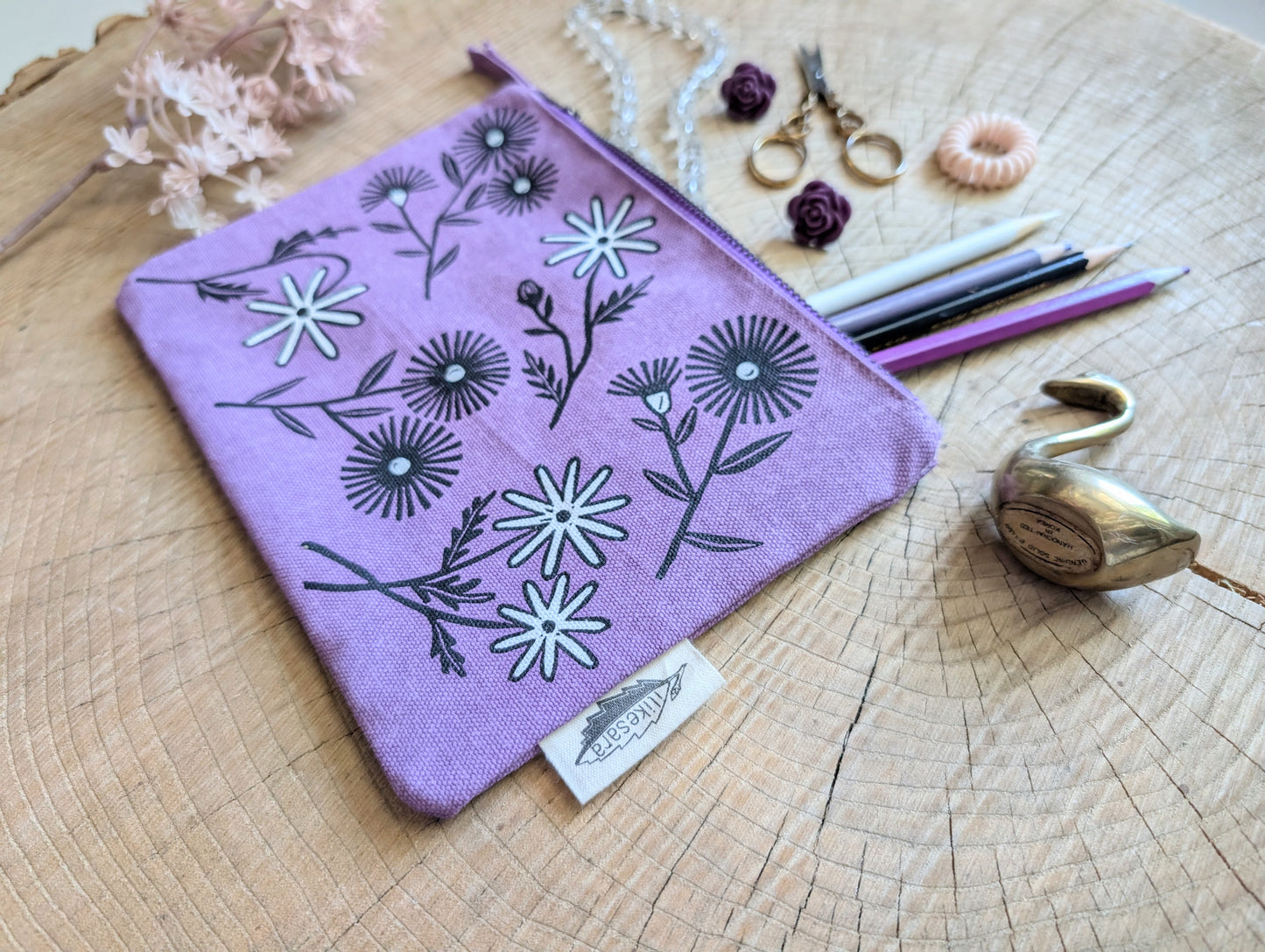 zippered pouch | bloom - purple floral pencil, supply, makeup bag with waterproof lining