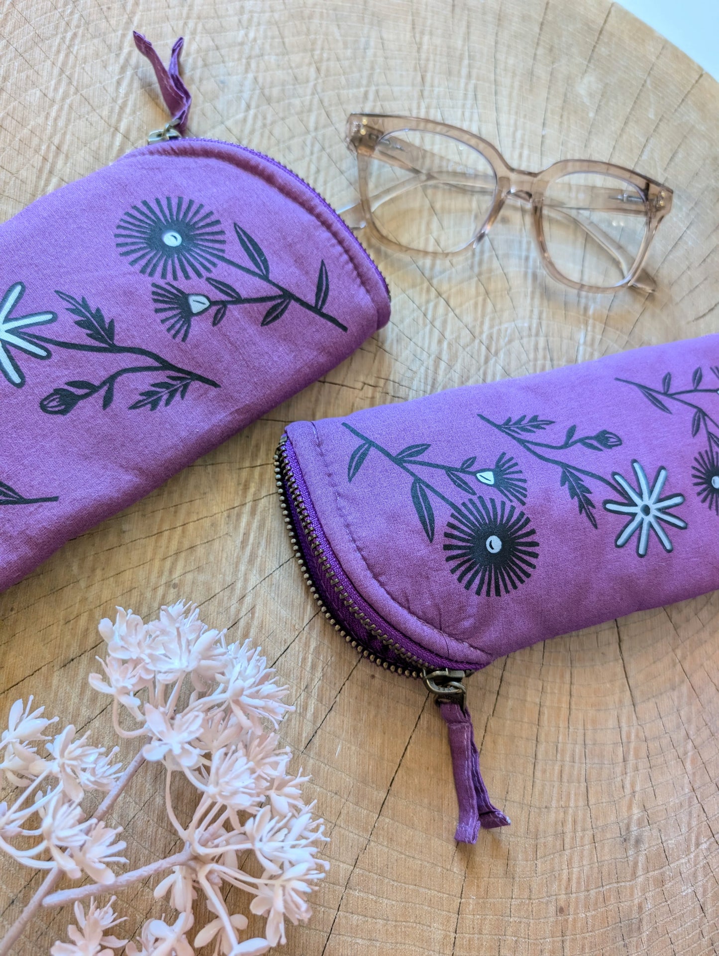 glasses case | bloom - purple flower cushioned zipper pouch