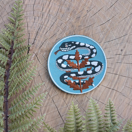 iron-on patch | serpent with fern - light teal blue snake
