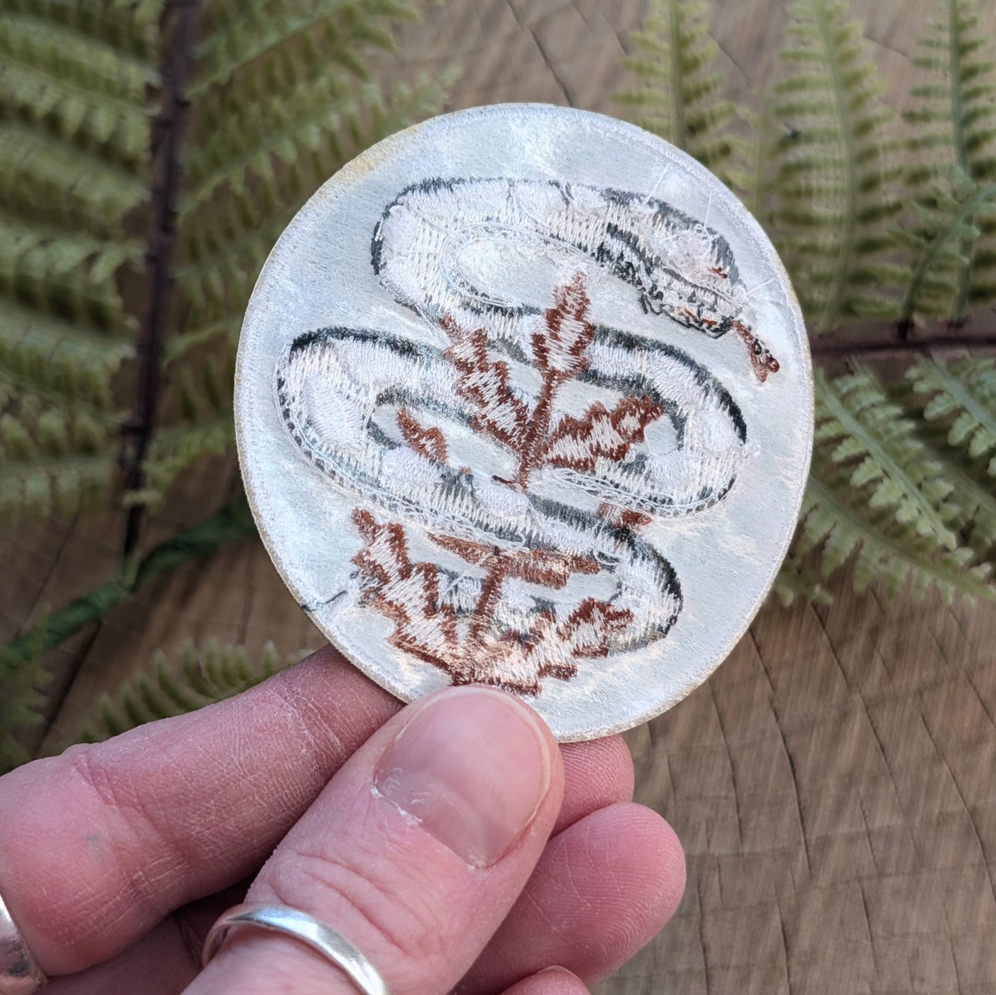 iron-on patch | serpent with fern - light teal blue snake