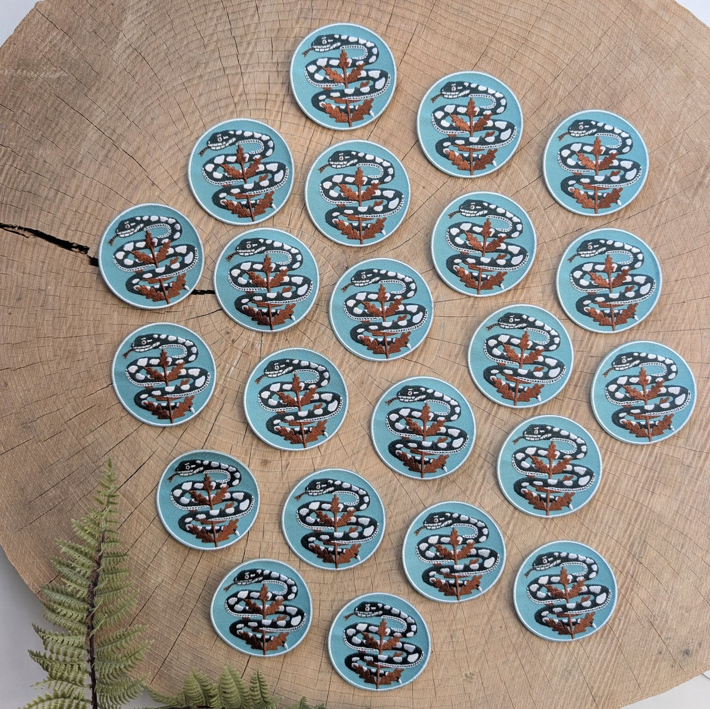iron-on patch | serpent with fern - light teal blue snake