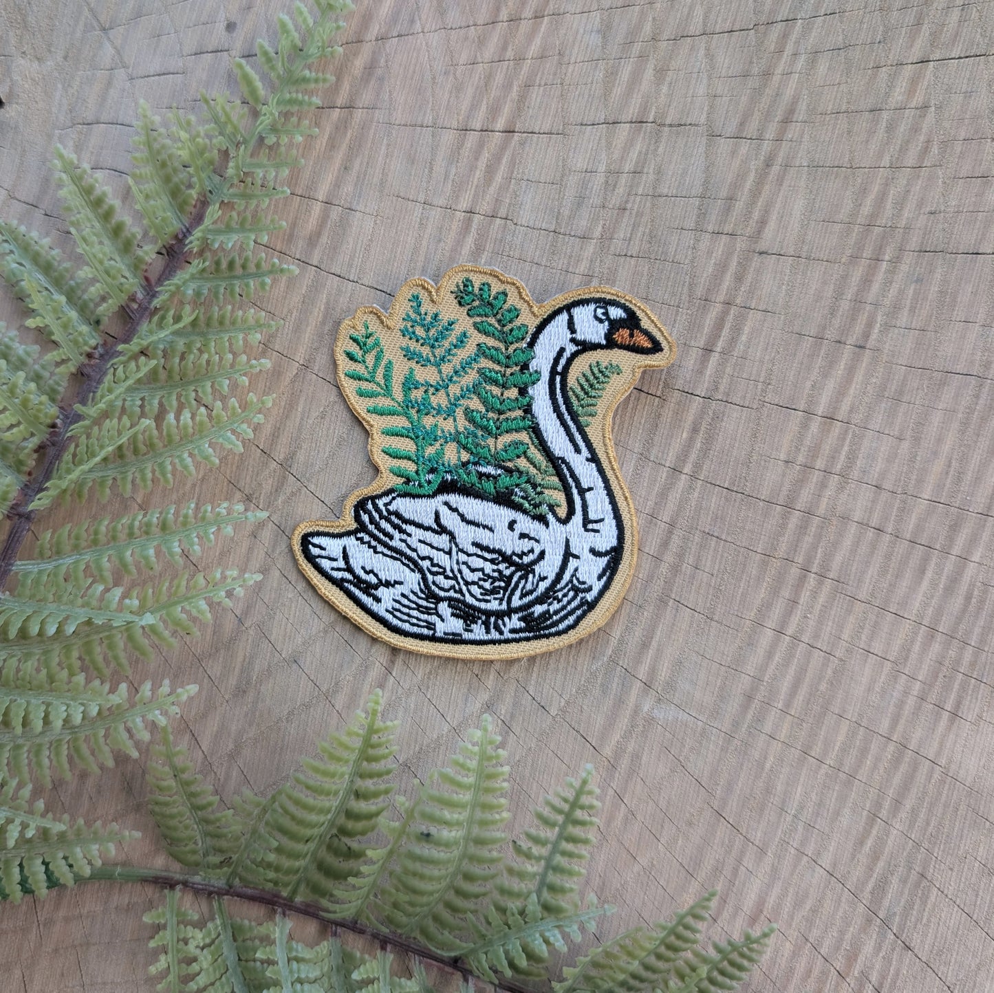iron-on patch | swan planter - embroidered plant & bird on yellow