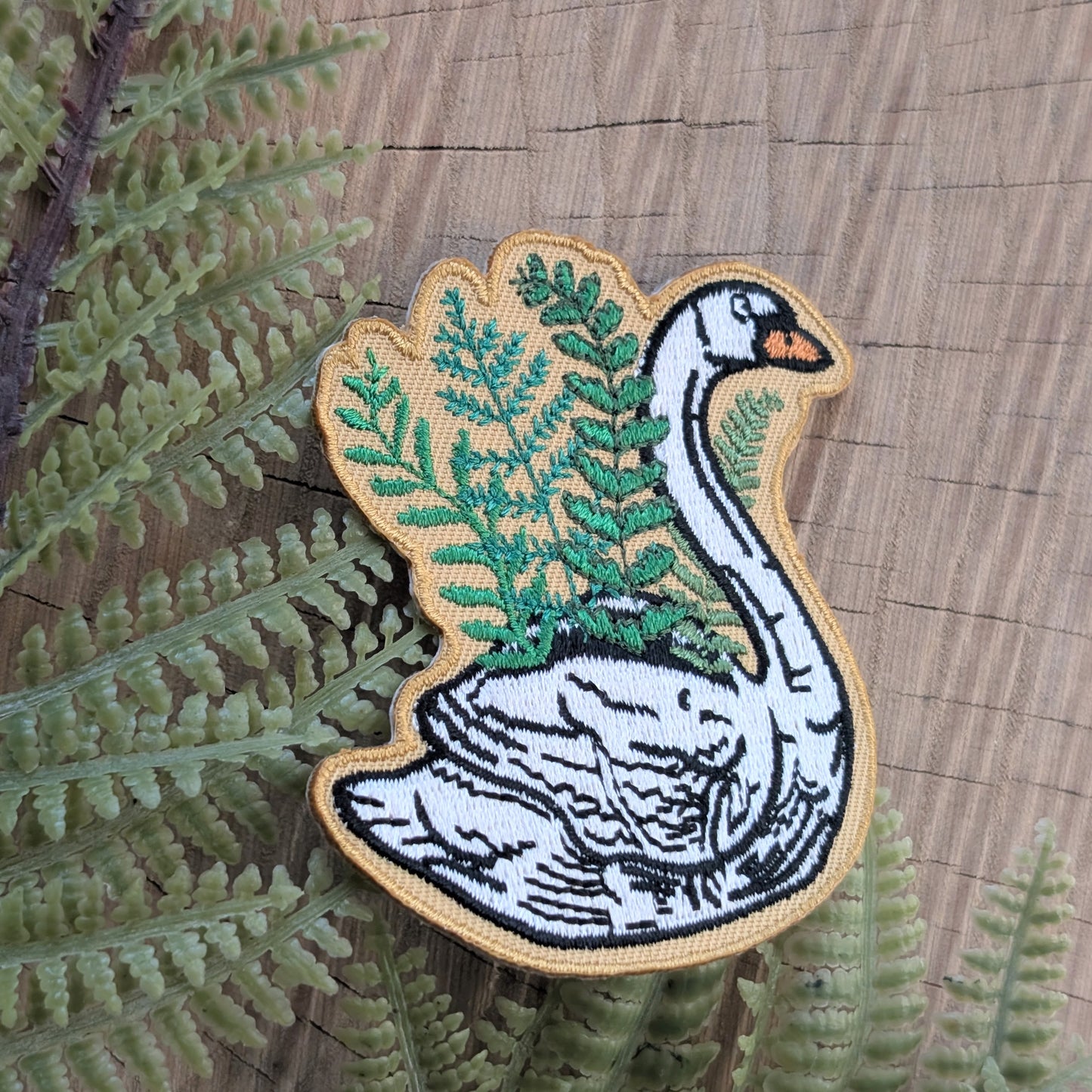 iron-on patch | swan planter - embroidered plant & bird on yellow