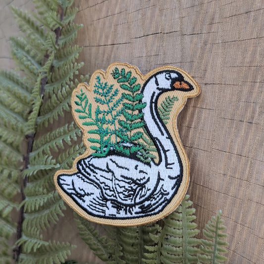 iron-on patch | swan planter - embroidered plant & bird on yellow