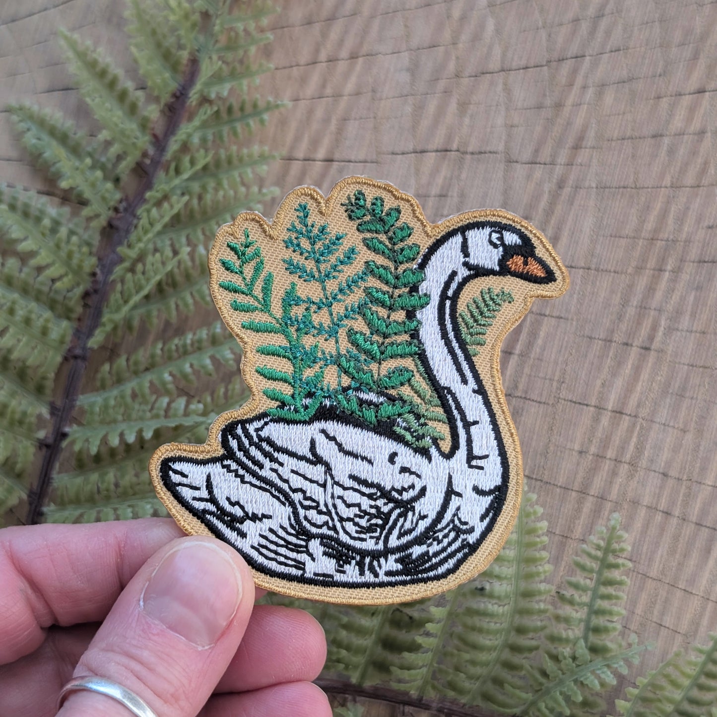 iron-on patch | swan planter - embroidered plant & bird on yellow