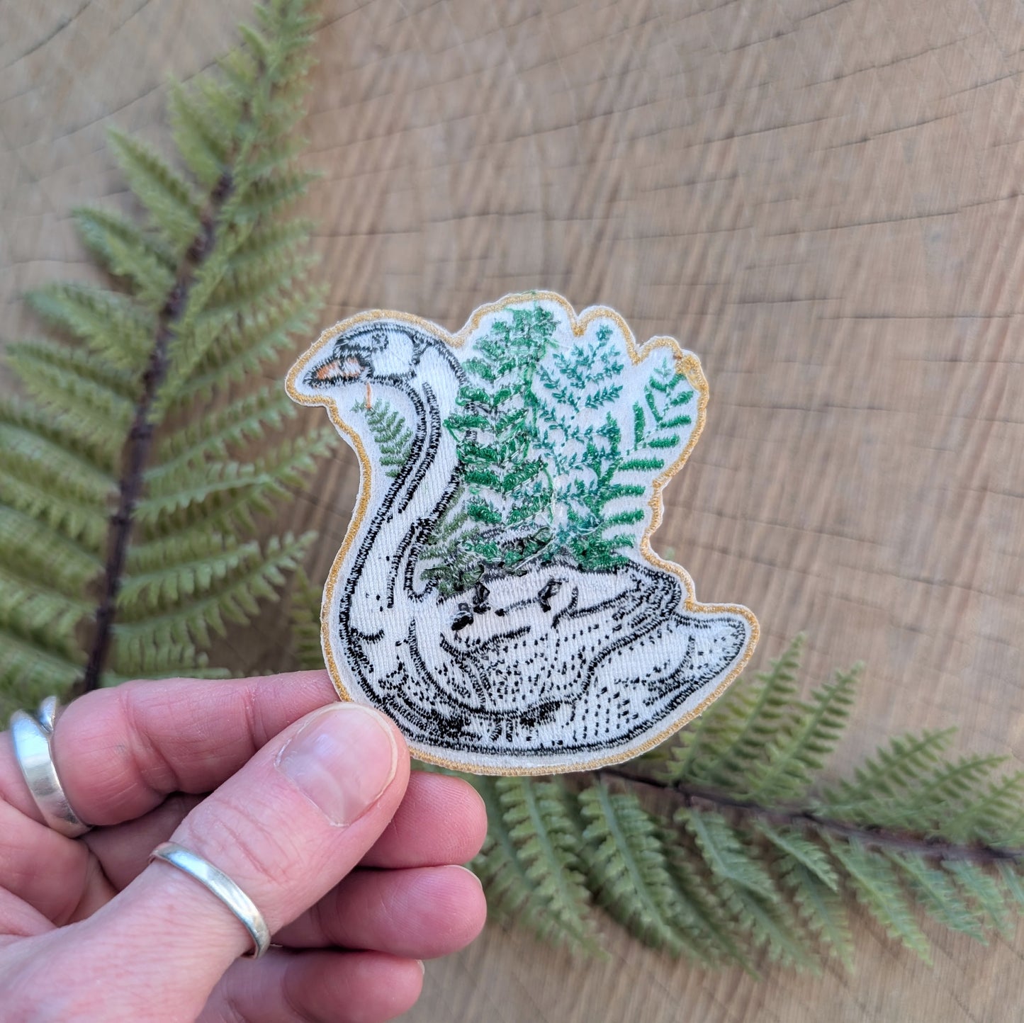 iron-on patch | swan planter - embroidered plant & bird on yellow