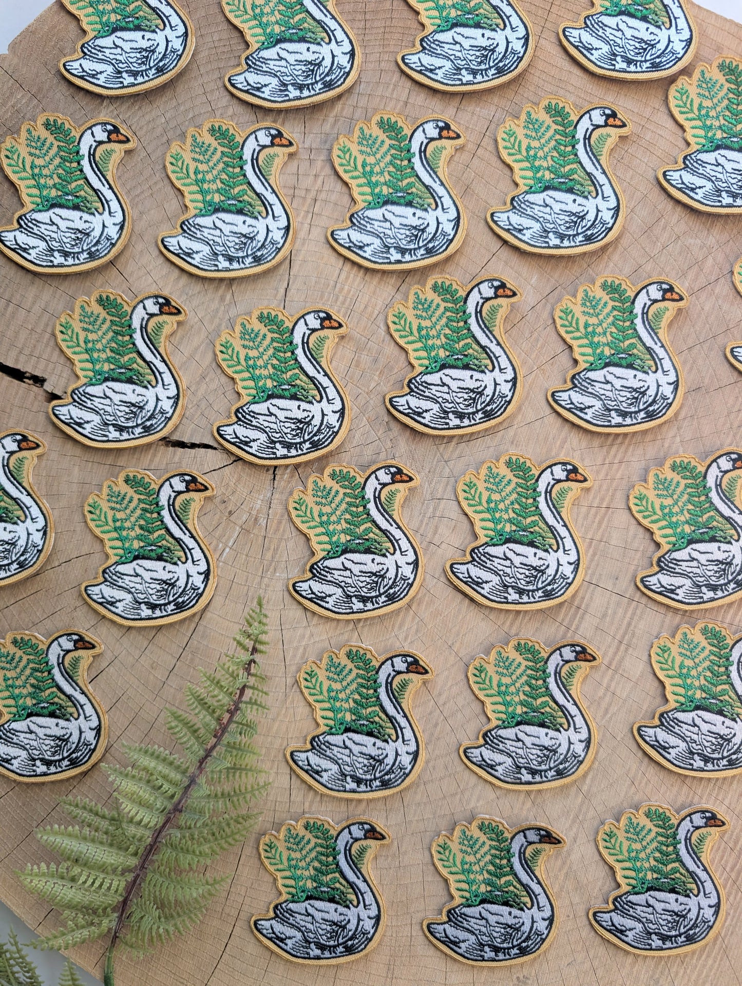 iron-on patch | swan planter - embroidered plant & bird on yellow