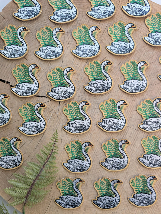 iron-on patch | swan planter - embroidered plant & bird on yellow