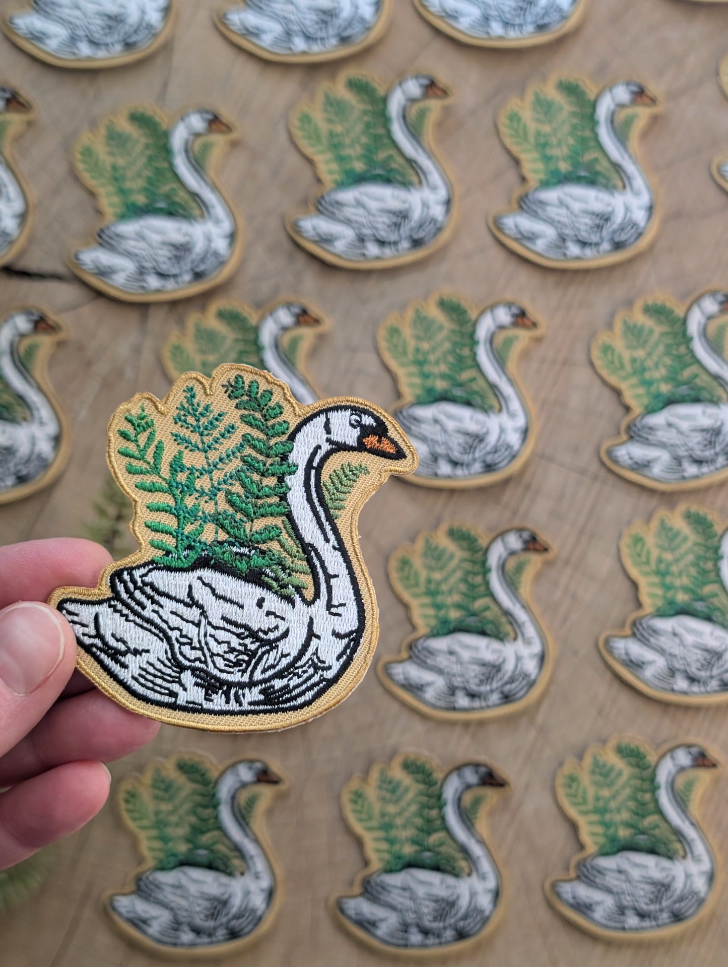 iron-on patch | swan planter - embroidered plant & bird on yellow