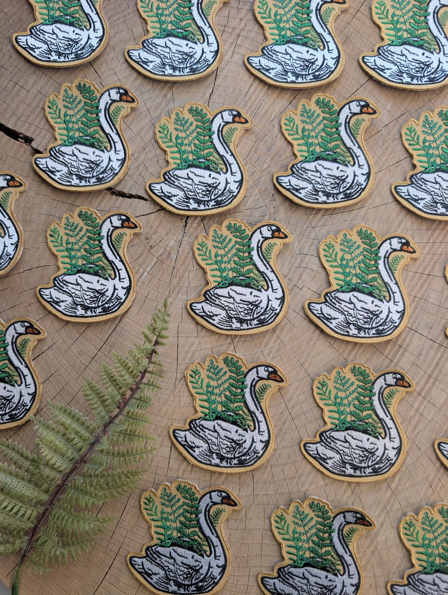 iron-on patch | swan planter - embroidered plant & bird on yellow