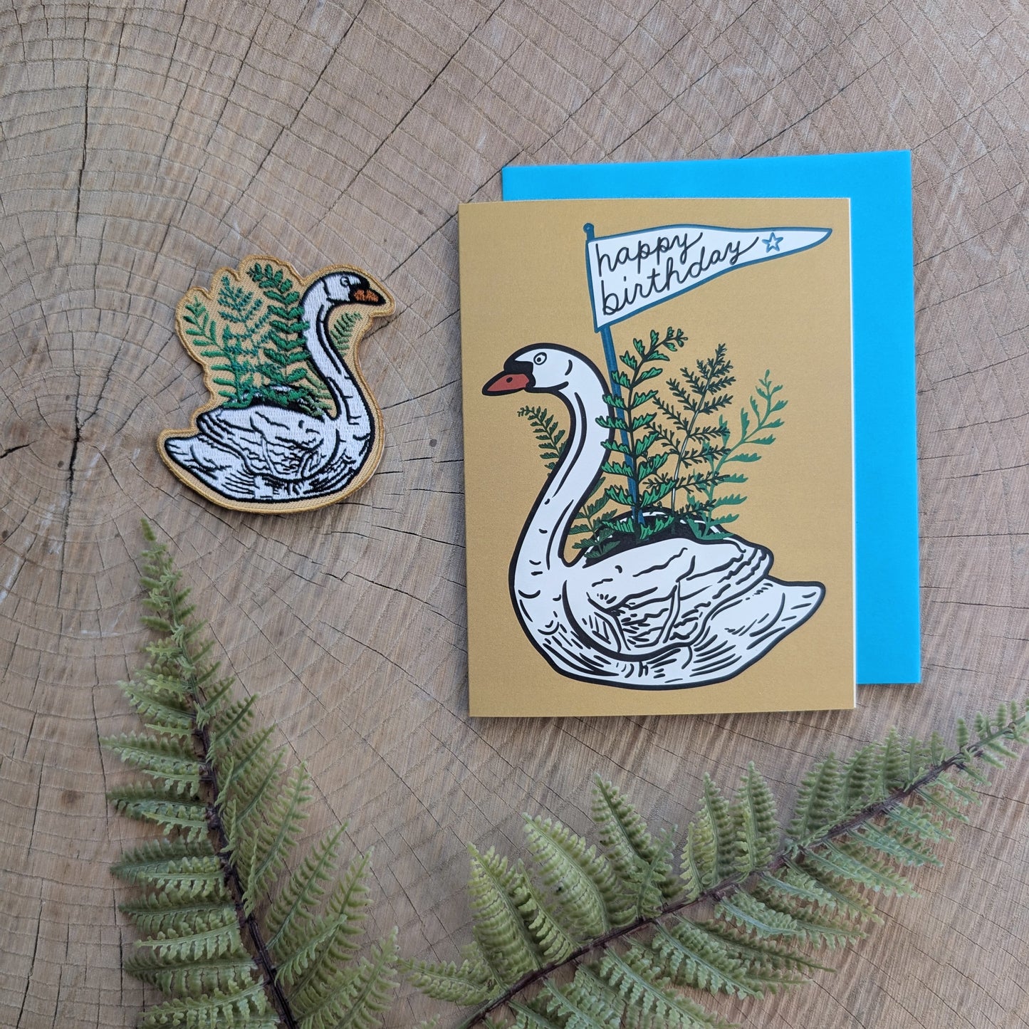 iron-on patch | swan planter - embroidered plant & bird on yellow