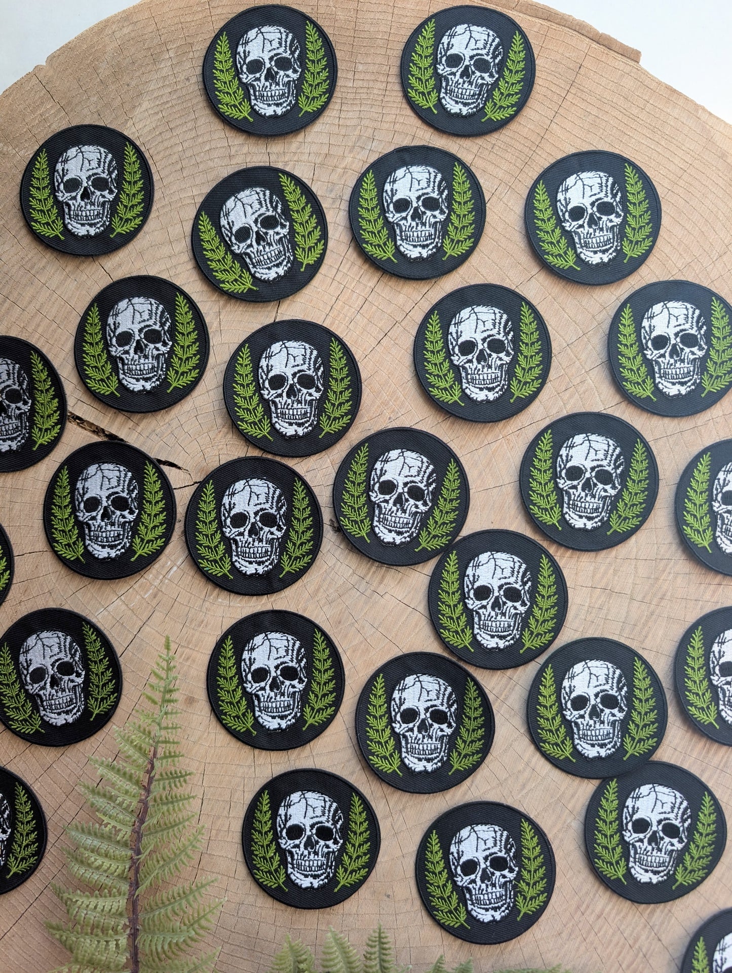 iron-on patch | skull with ferns - embroidered applique, bones & plants