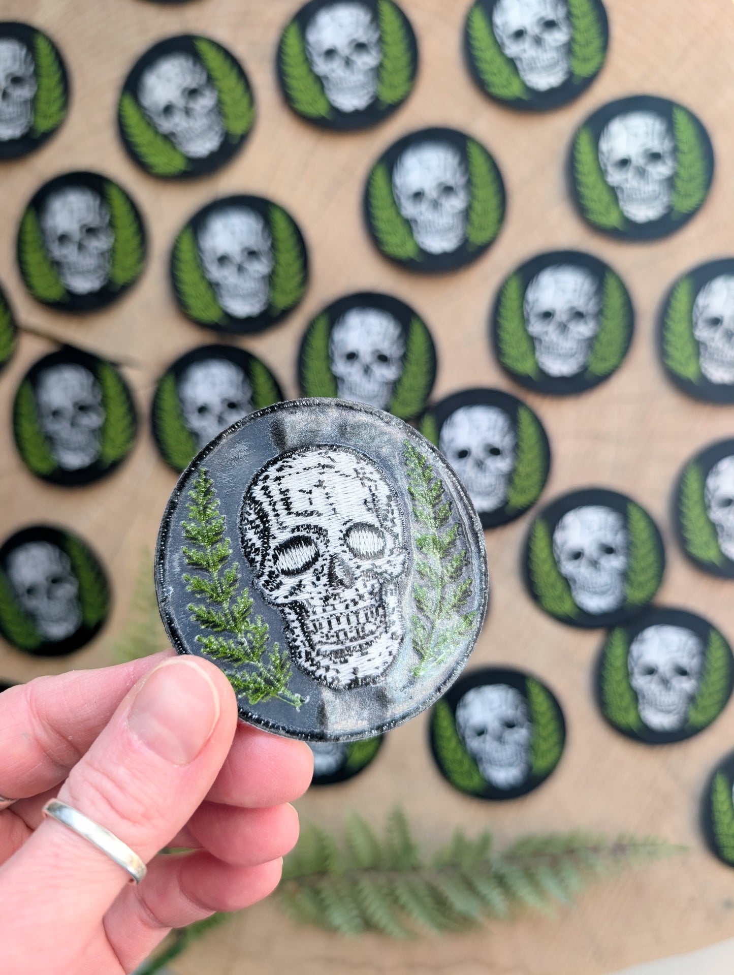 iron-on patch | skull with ferns - embroidered applique, bones & plants