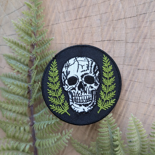 iron-on patch | skull with ferns - embroidered applique, bones & plants