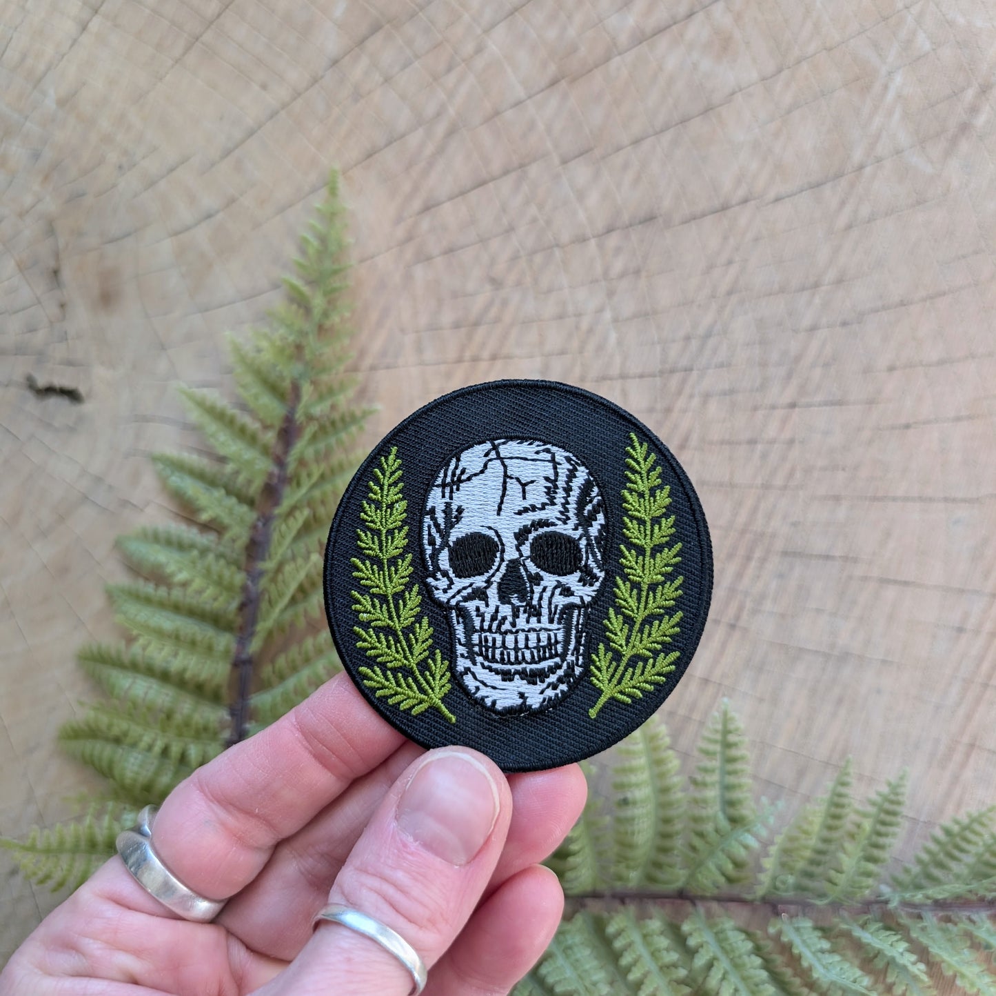 iron-on patch | skull with ferns - embroidered applique, bones & plants