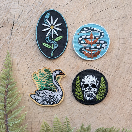 iron-on patch | serpent with fern - light teal blue snake