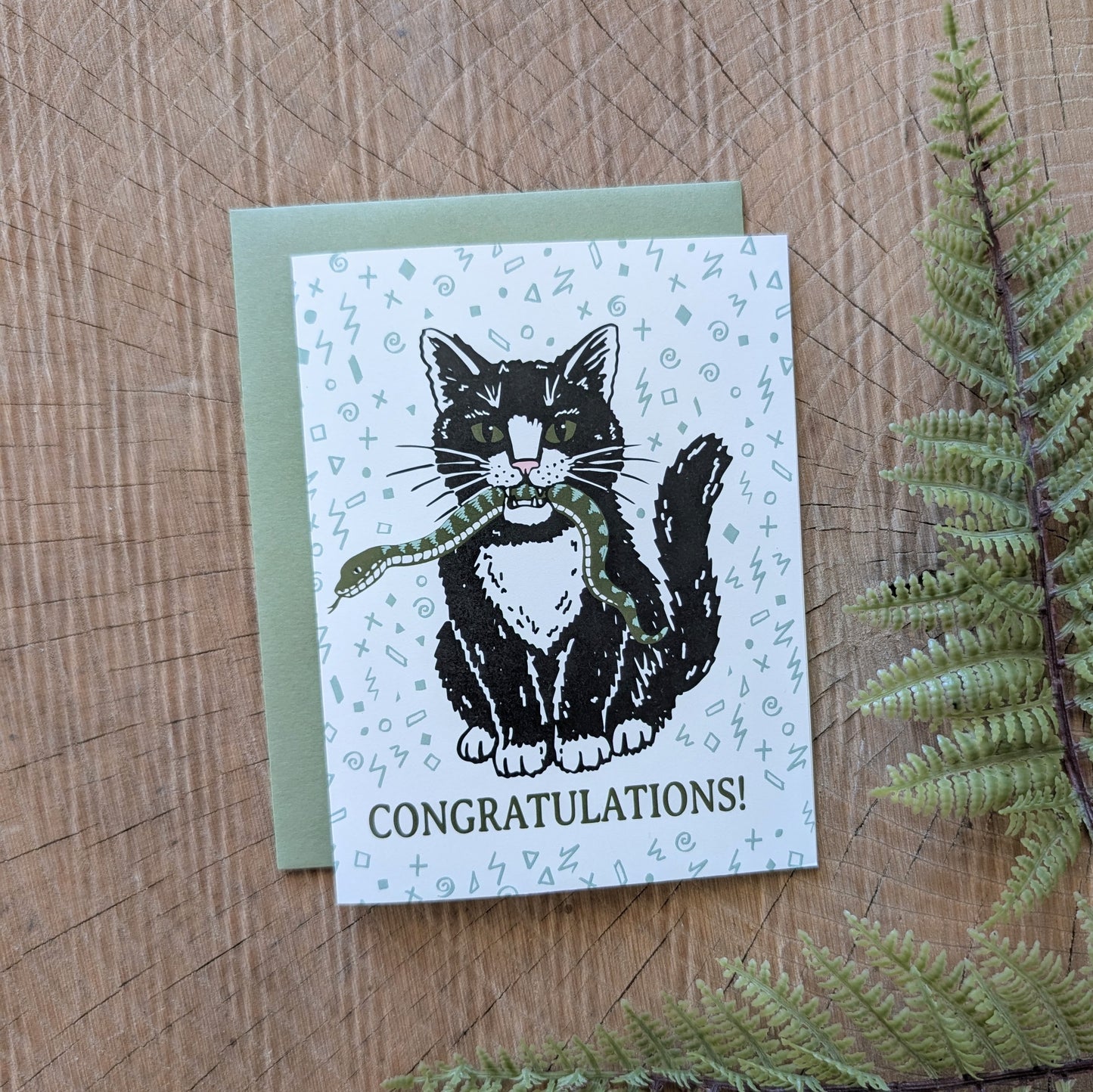 greeting card | congratulations cat with snake - graduation, new baby, new job, engagement
