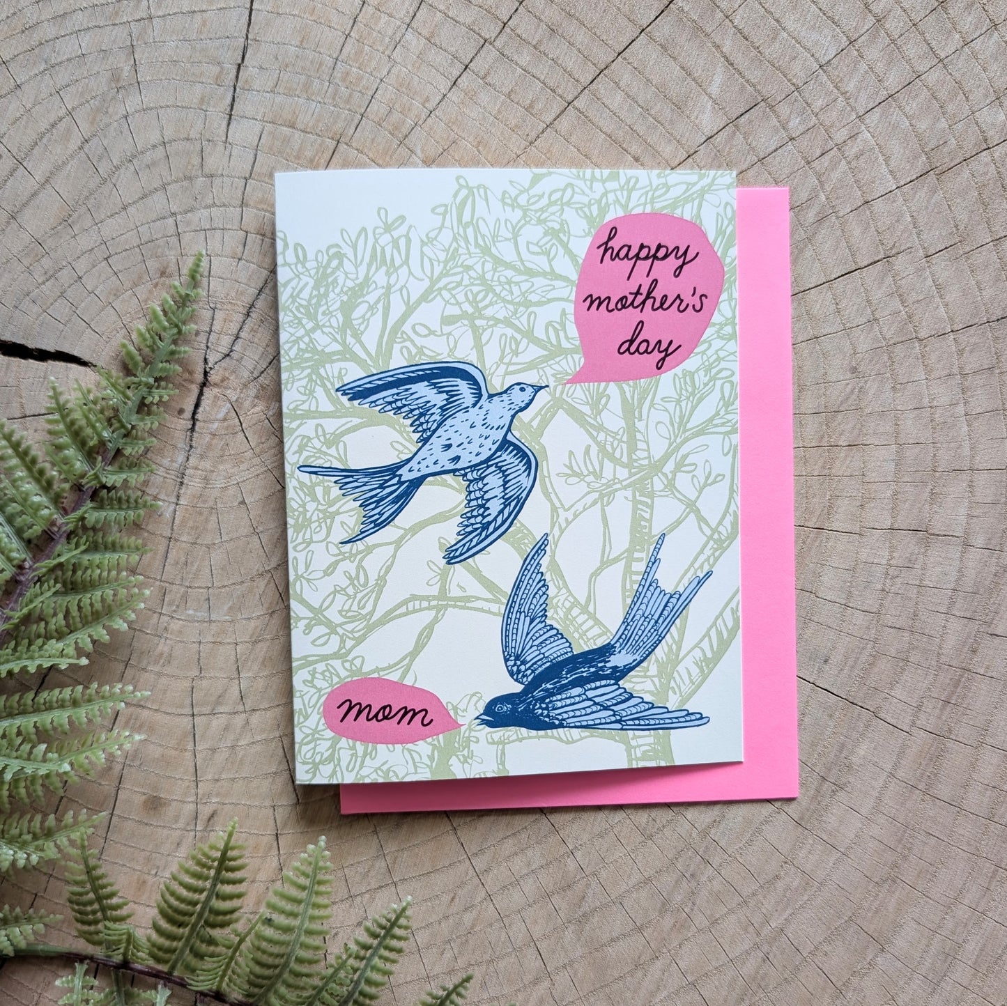 greeting card | bird happy mother's day - birds & trees with hot pink envelope