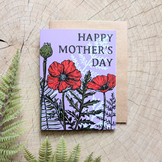 greeting card | happy mother's day - poppies & ferns on lavendar