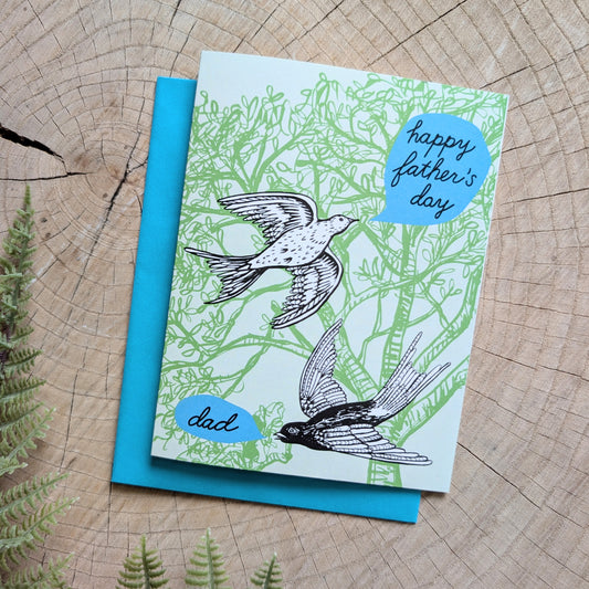 greeting card | bird happy father's day card - birds & trees with teal envelope