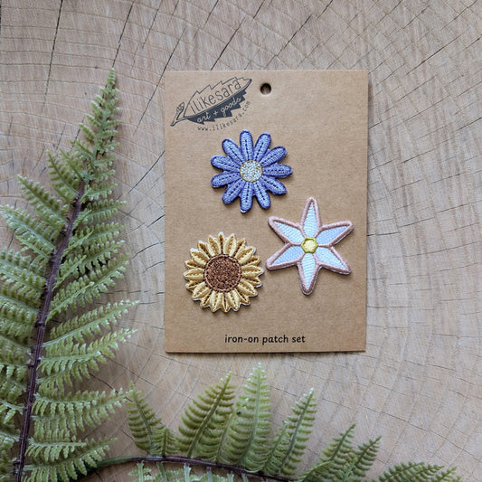 iron-on patch | flower 3 patch pack - embroidered applique, daisy sunflower anemone