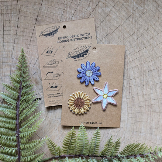 iron-on patch | flower 3 patch pack - embroidered applique, daisy sunflower anemone