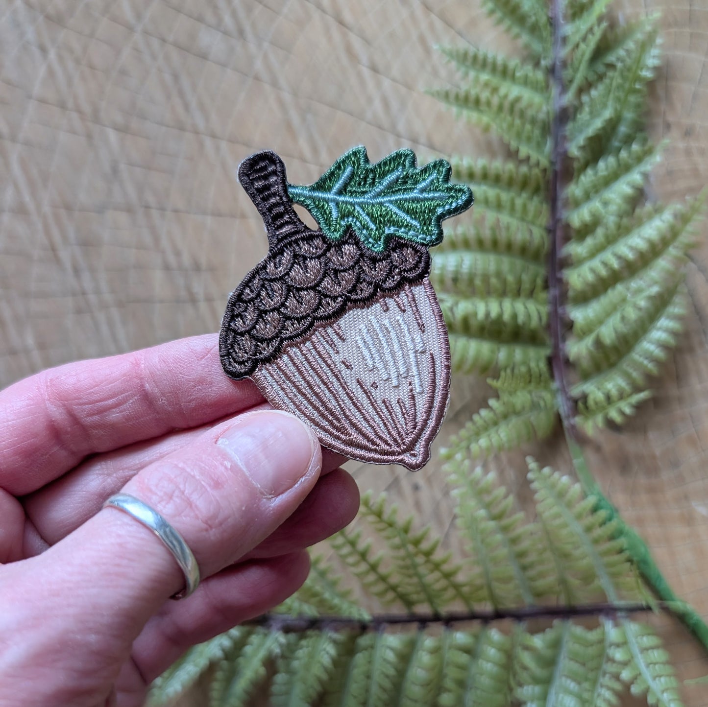 iron-on patch | oak acorn with leaf - embroidered applique, woodland nature