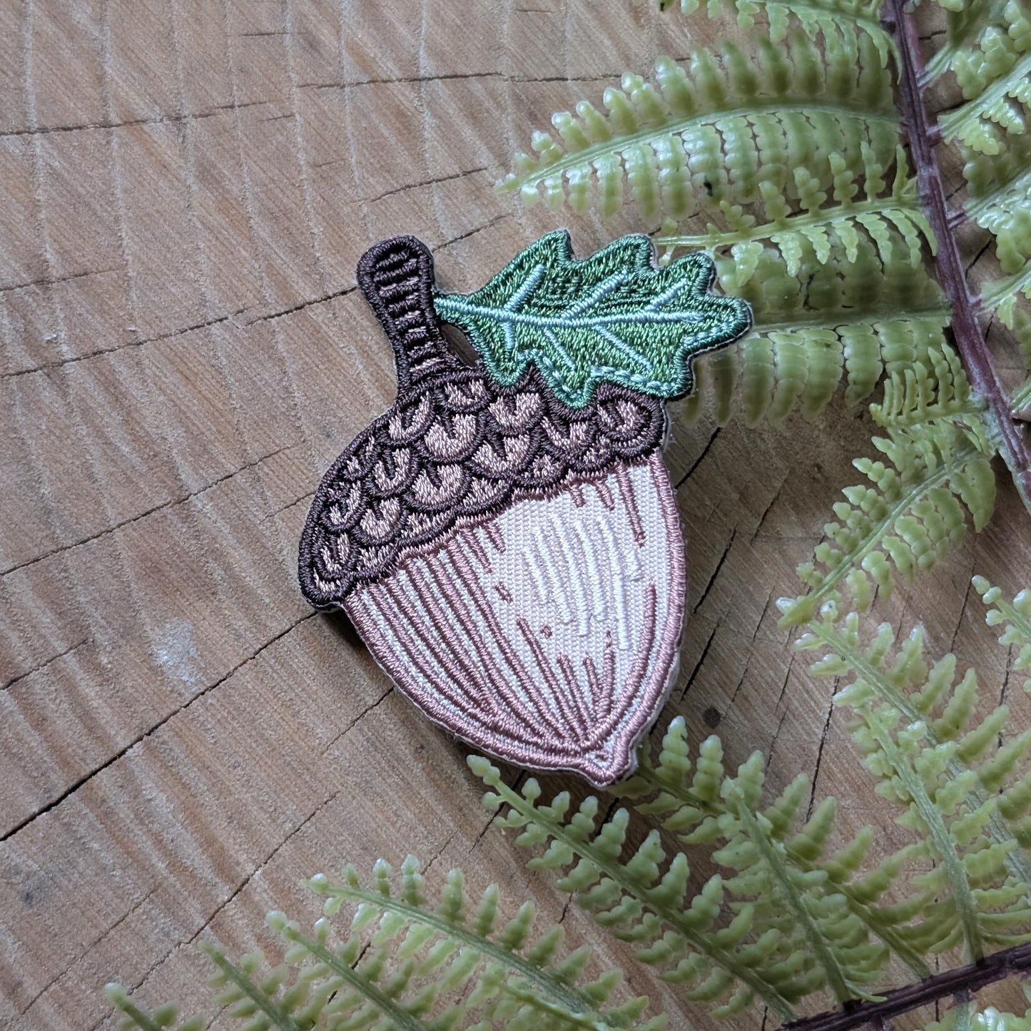 iron-on patch | oak acorn with leaf - embroidered applique, woodland nature