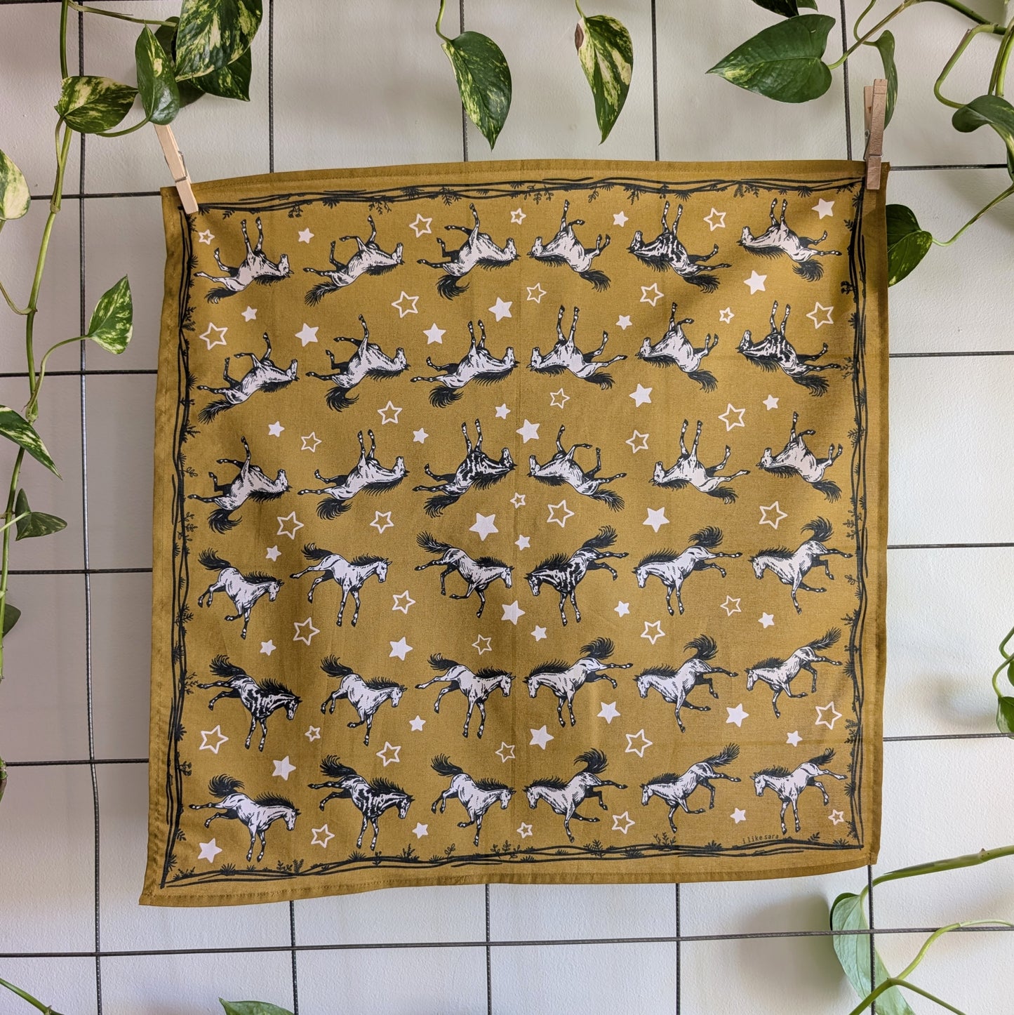 bandana | wild horses - dark goldenrod & pale pink cotton scarf