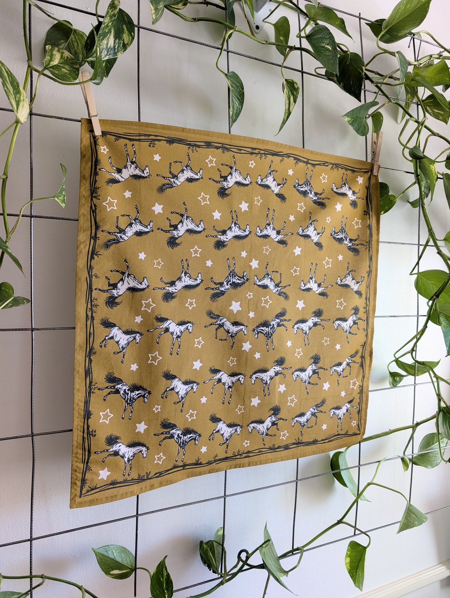 bandana | wild horses - dark goldenrod & pale pink cotton scarf