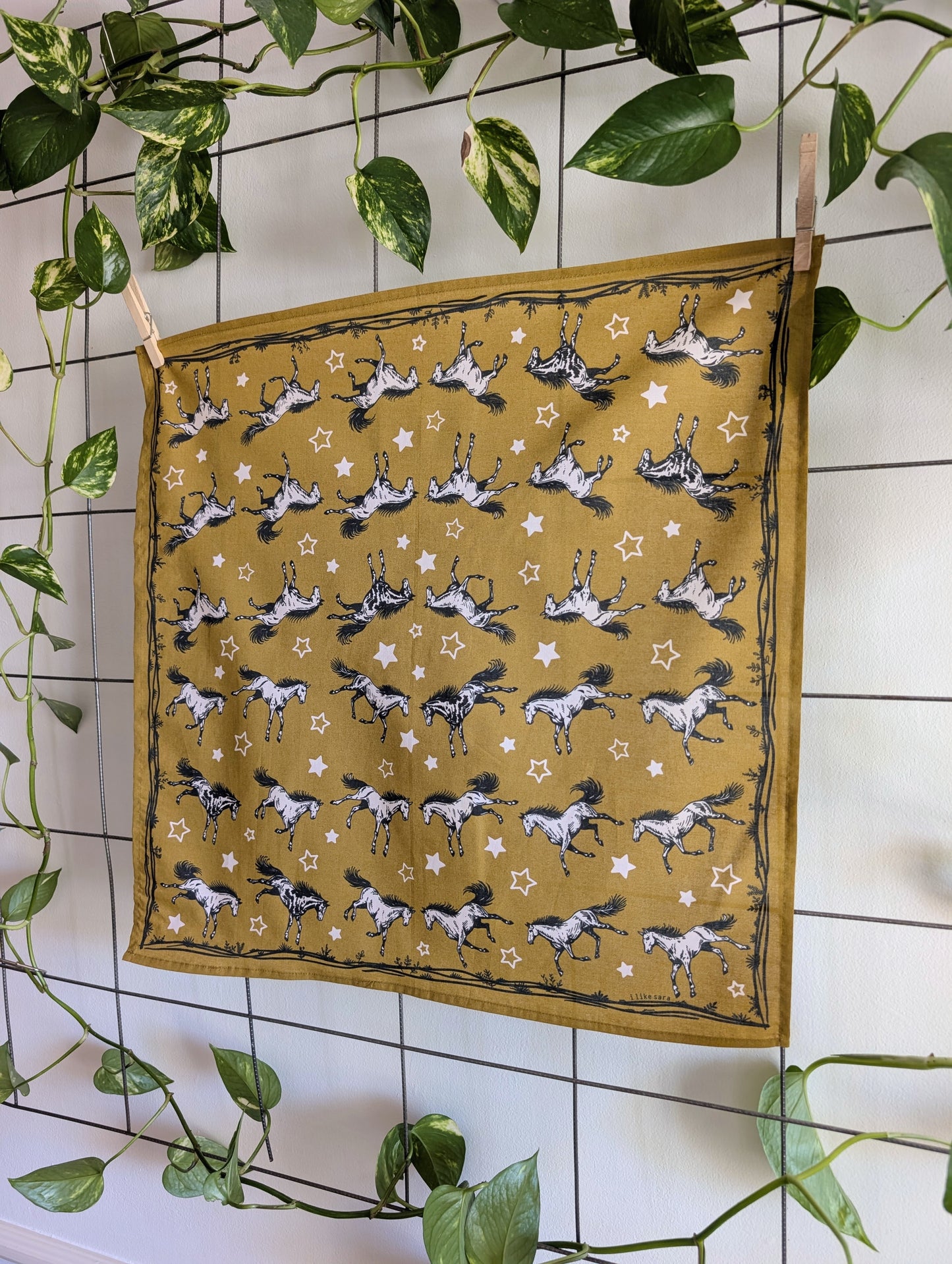 bandana | wild horses - dark goldenrod & pale pink cotton scarf