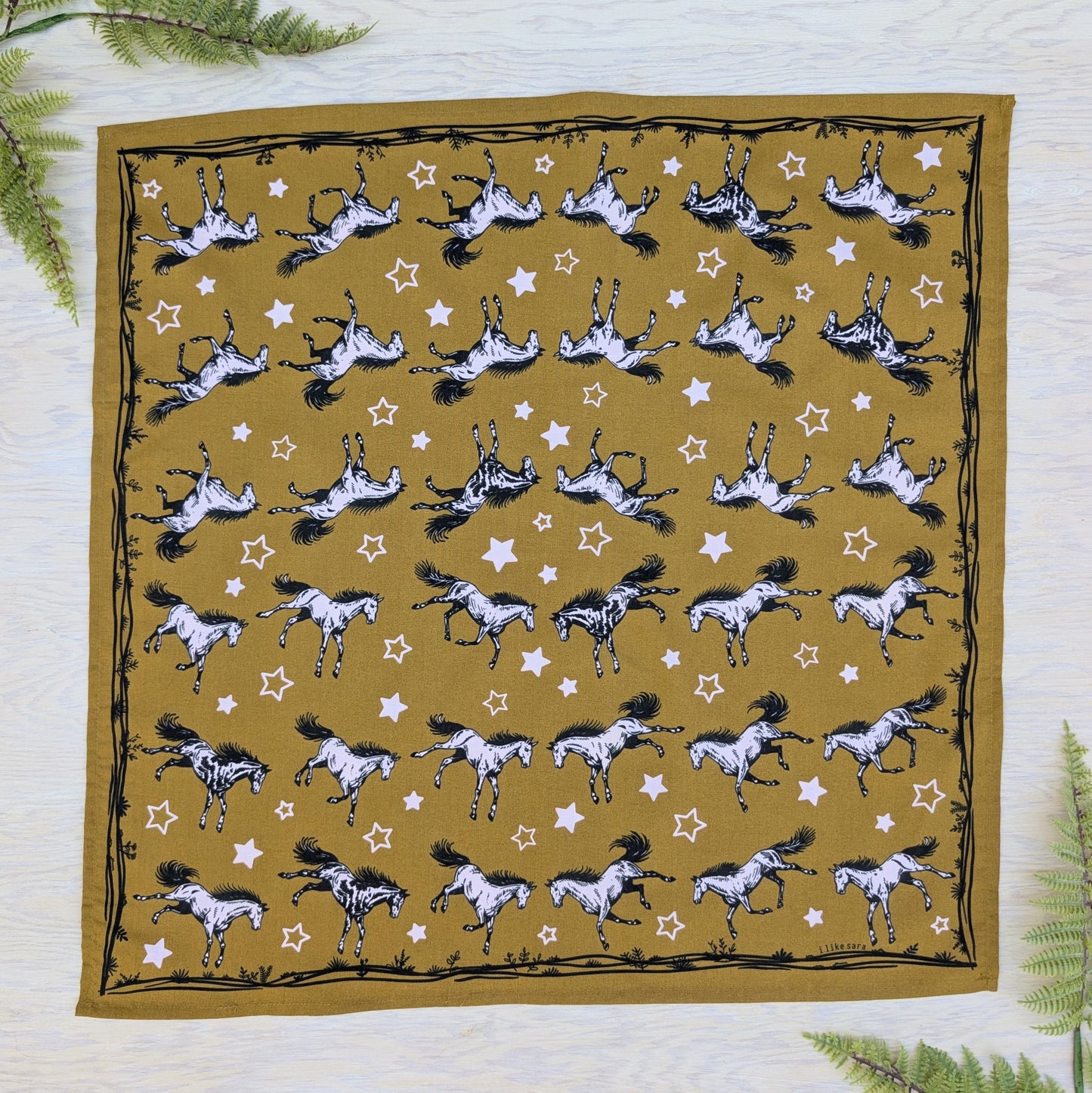 bandana | wild horses - dark goldenrod & pale pink cotton scarf