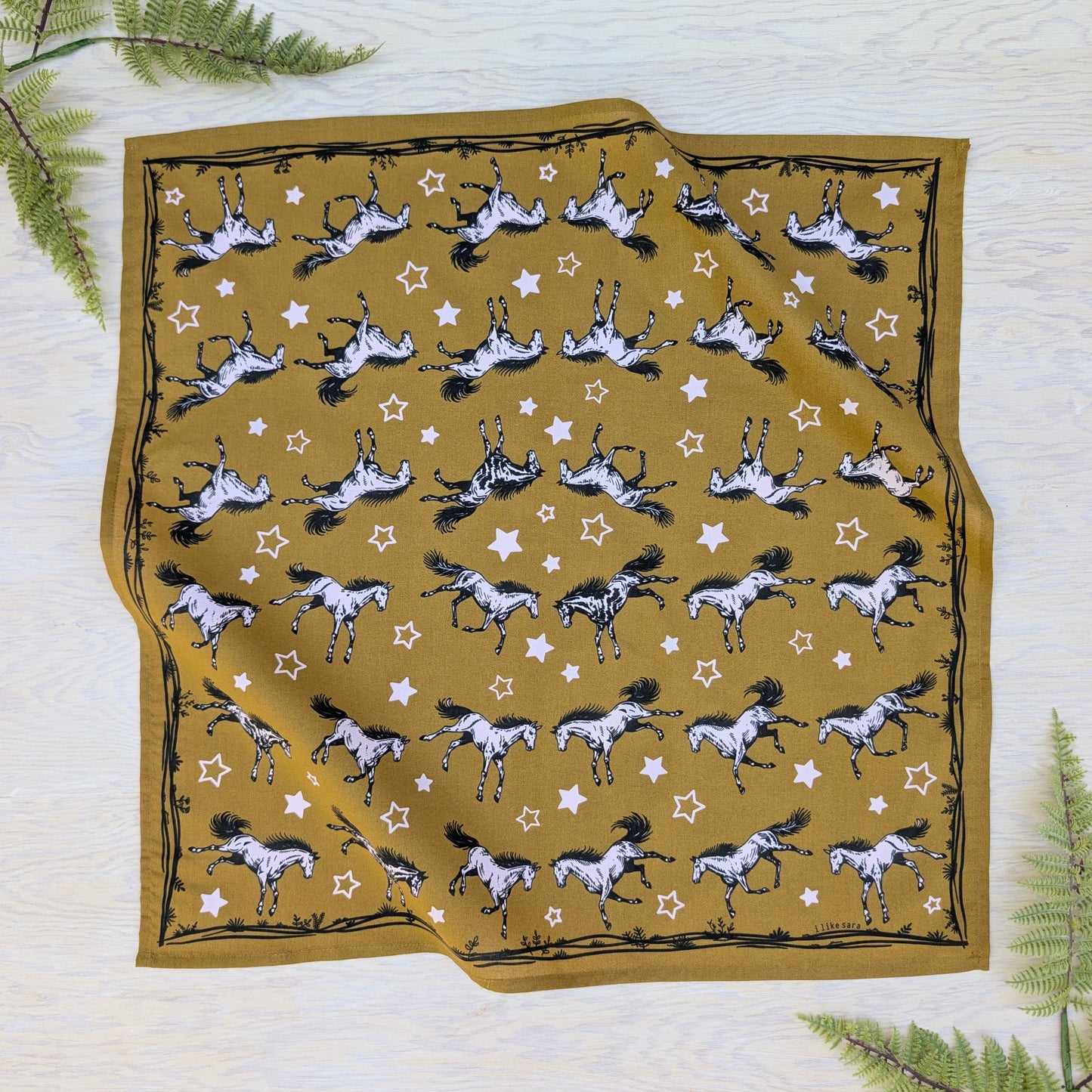 bandana | wild horses - dark goldenrod & pale pink cotton scarf