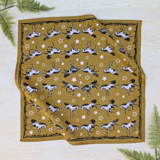 bandana | wild horses - dark goldenrod & pale pink cotton scarf