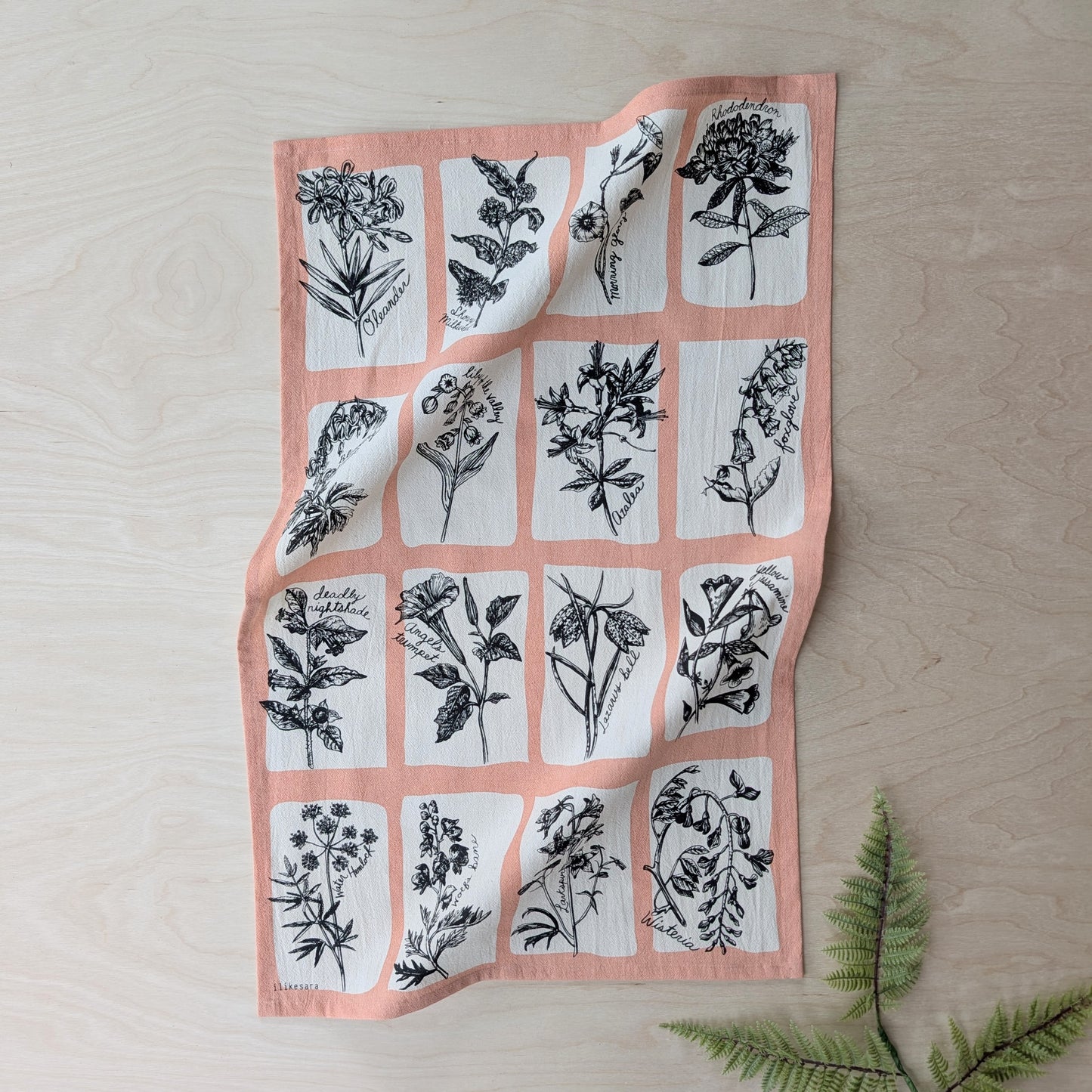 tea towel | fatal florals - poisonous flower pink cotton flour sack kitchen dish cloth