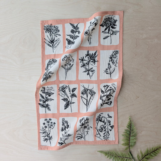 tea towel | fatal florals - poisonous flower pink cotton flour sack kitchen dish cloth