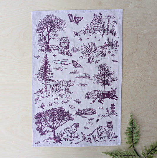 tea towel | outside cats - purple cotton flour sack kitchen dish cloth