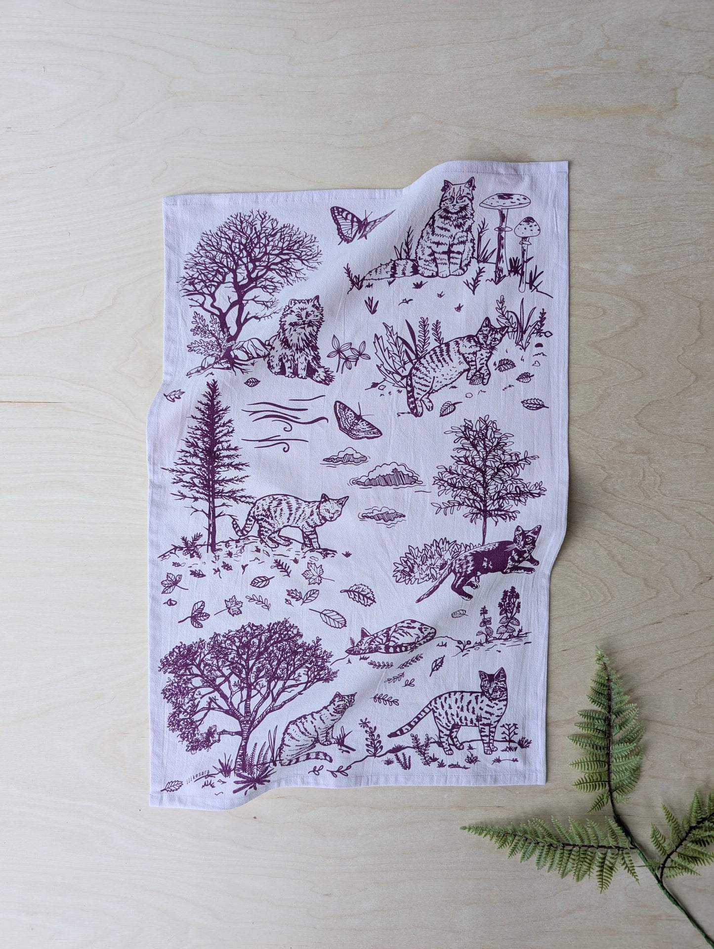 tea towel | outside cats - purple cotton flour sack kitchen dish cloth