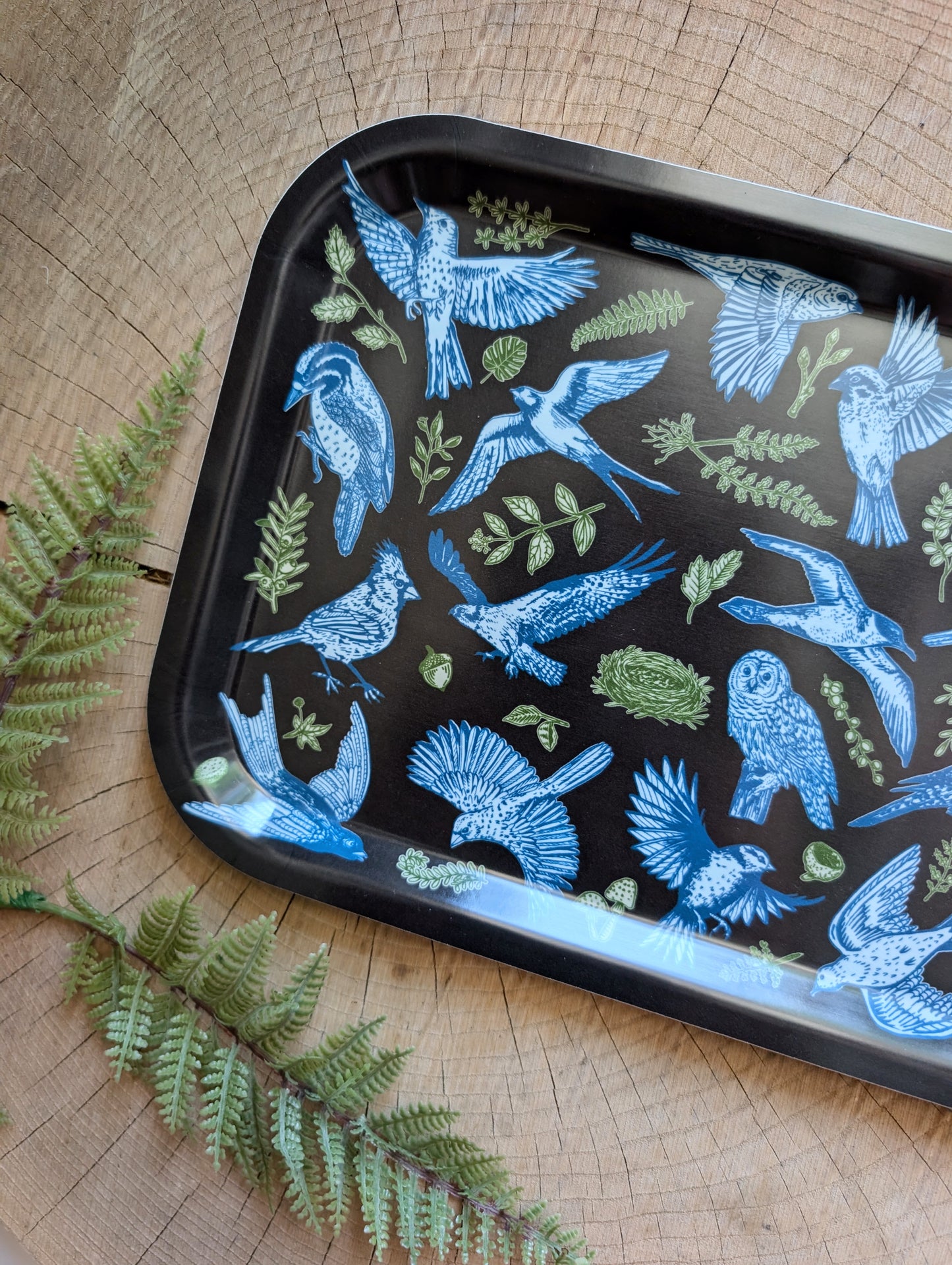 birch wood tray | night birds - black 13" x 8.5" dishwasher safe