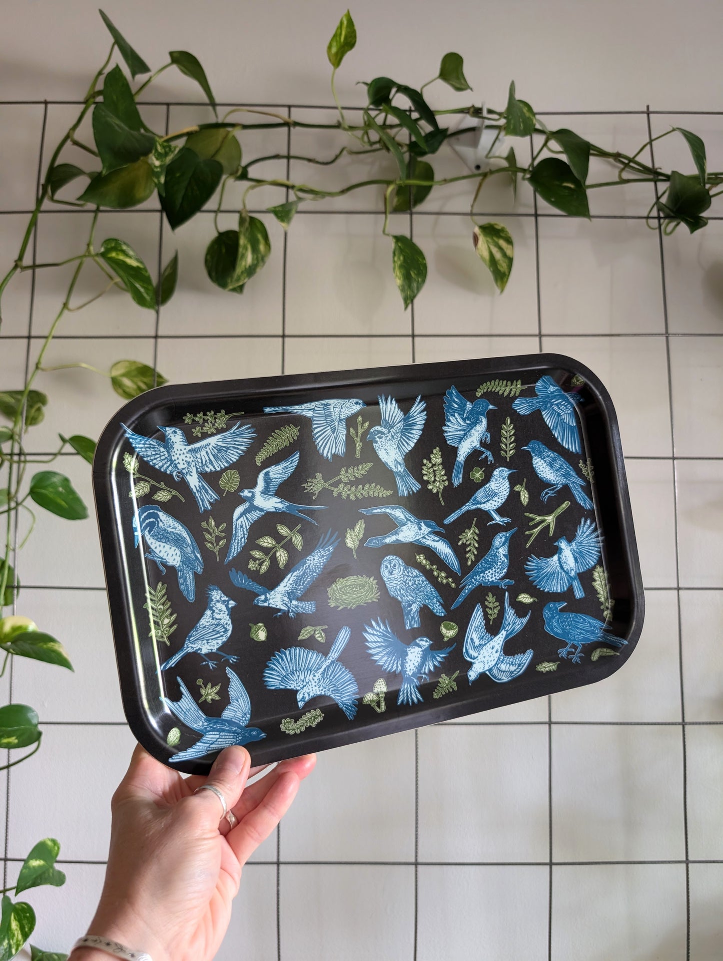 birch wood tray | night birds - black 13" x 8.5" dishwasher safe