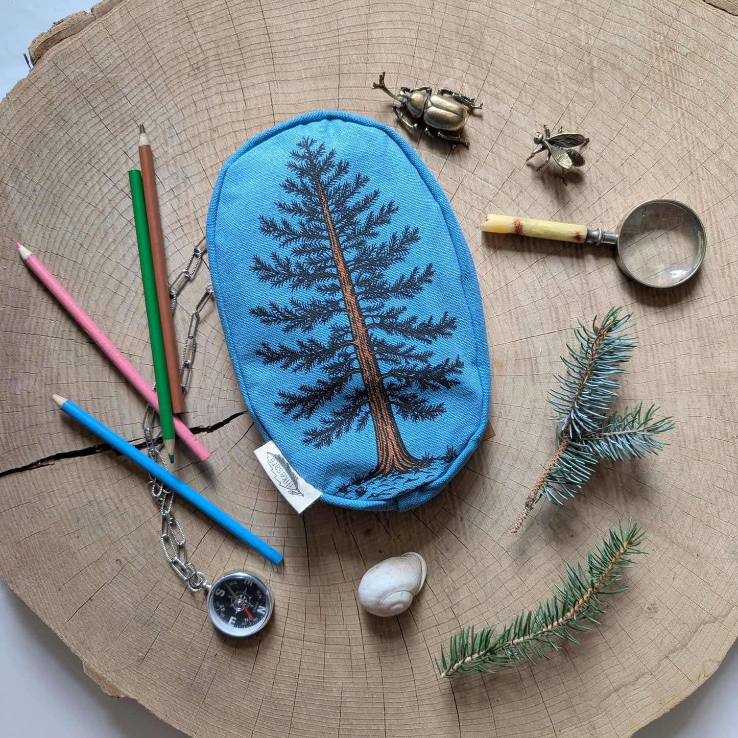 zippered pouch | eastern white pine - blue tree/forest pencil, supply, makeup bag with waterproof lining